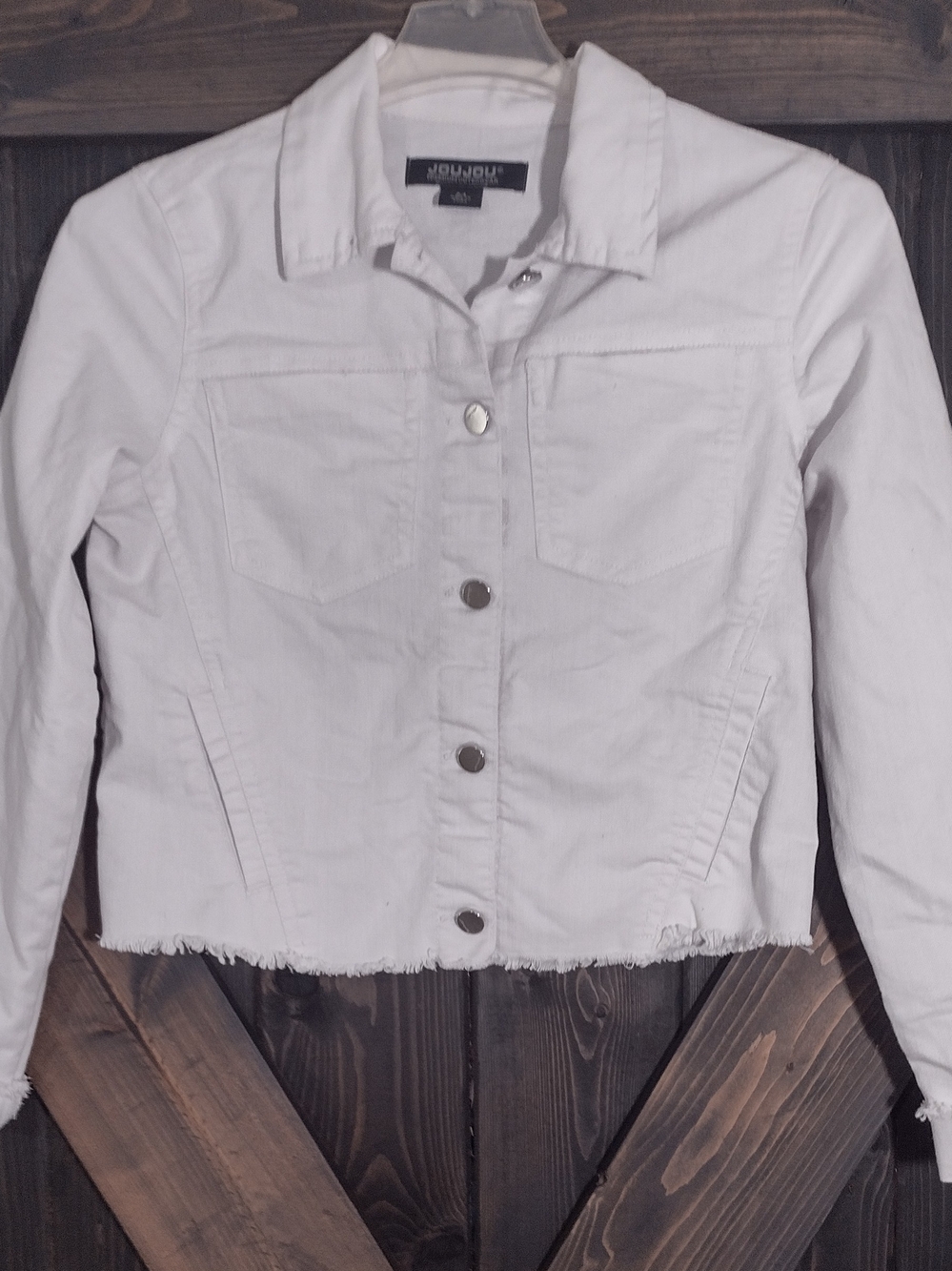 Jou Jou White Cropped Button-Down Jacket with Frayed Hem Sz Medium